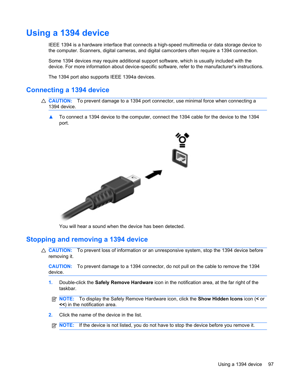Using a 1394 device, Connecting a 1394 device, Stopping and removing a 1394 device | HP EliteBook 2740p Tablet-PC User Manual | Page 109 / 179