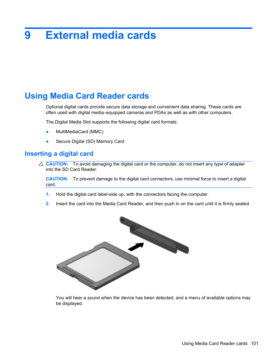 External media cards, Using media card reader cards, Inserting a digital card | 9 external media cards, 9external media cards | HP EliteBook 2740p Tablet-PC User Manual | Page 113 / 179