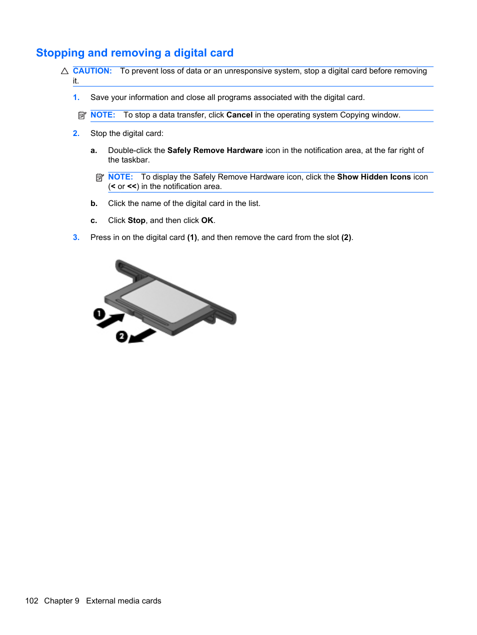 Stopping and removing a digital card | HP EliteBook 2740p Tablet-PC User Manual | Page 114 / 179