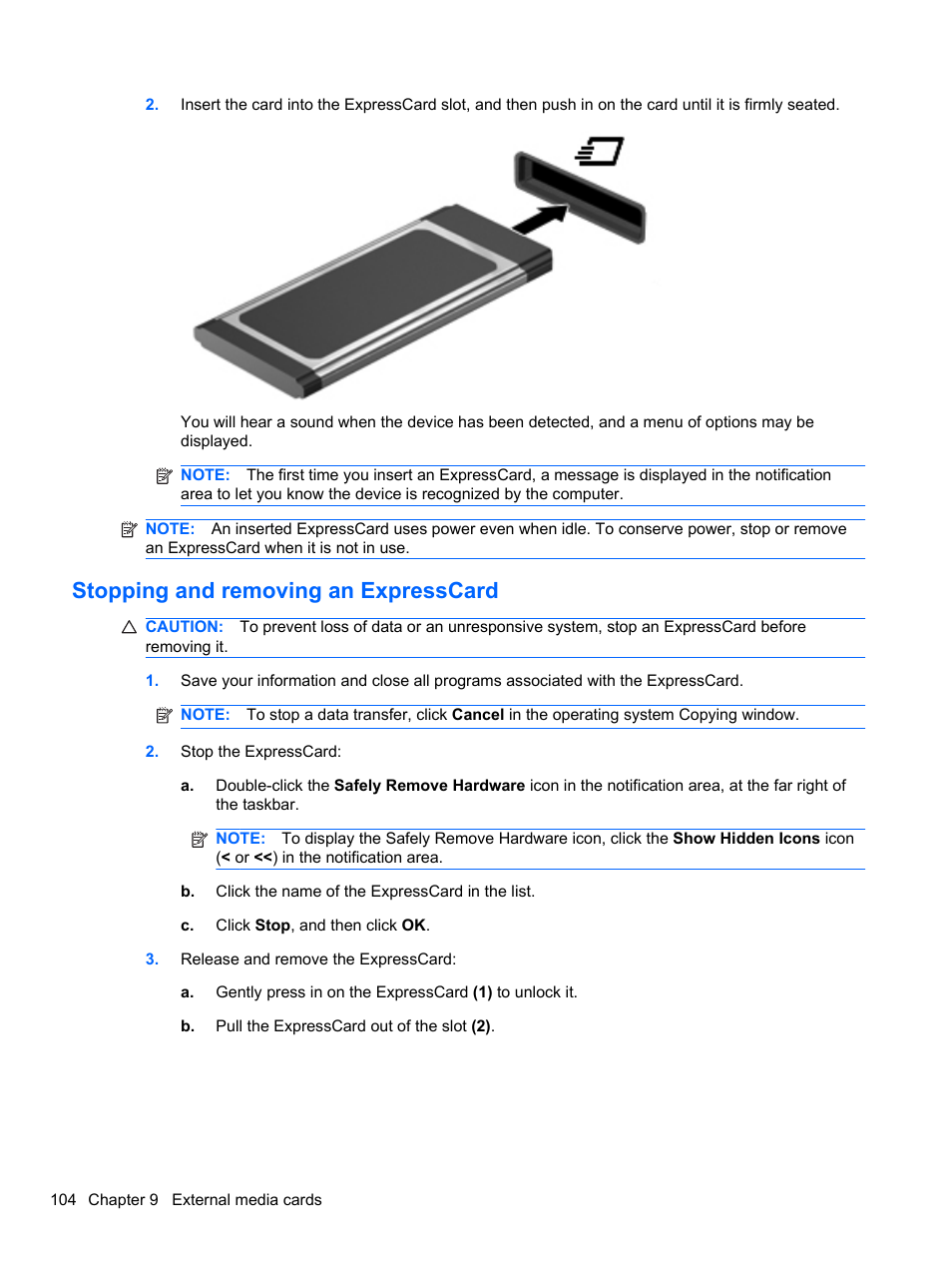 Stopping and removing an expresscard | HP EliteBook 2740p Tablet-PC User Manual | Page 116 / 179