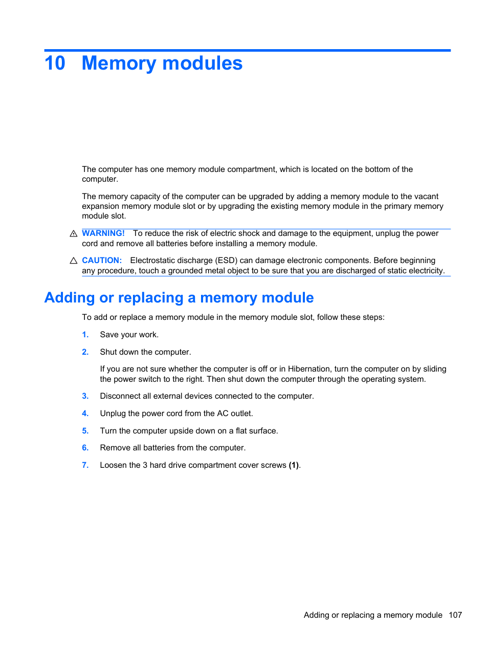 Memory modules, Adding or replacing a memory module, 10 memory modules | HP EliteBook 2740p Tablet-PC User Manual | Page 119 / 179