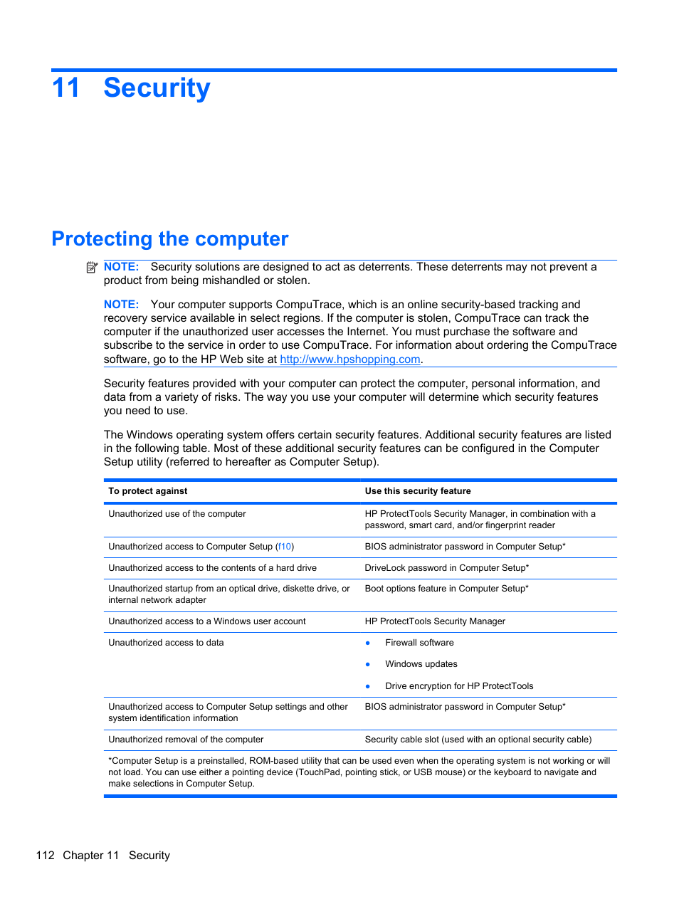 Security, Protecting the computer, 11 security | HP EliteBook 2740p Tablet-PC User Manual | Page 124 / 179