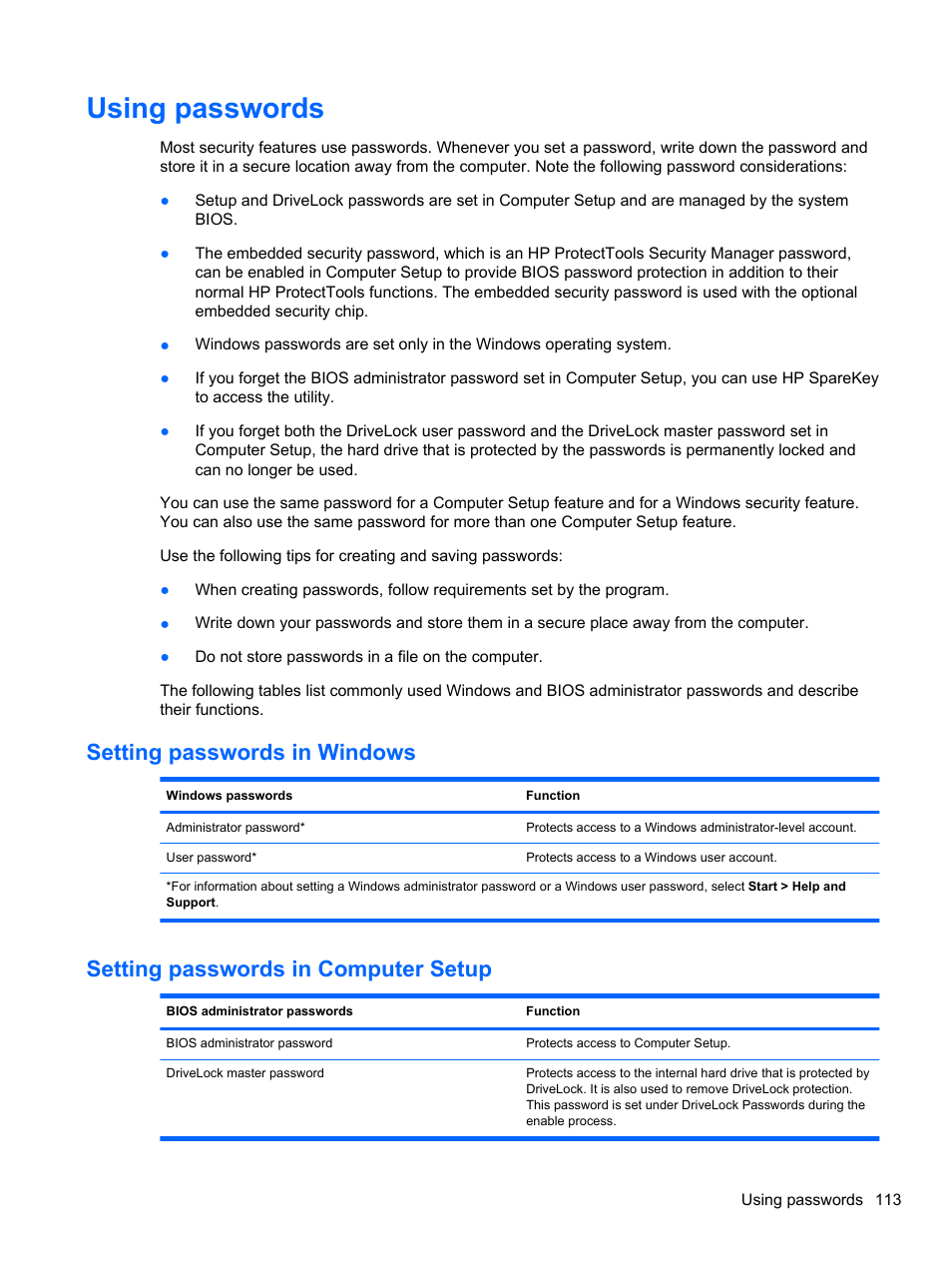 Using passwords, Setting passwords in windows, Setting passwords in computer setup | HP EliteBook 2740p Tablet-PC User Manual | Page 125 / 179