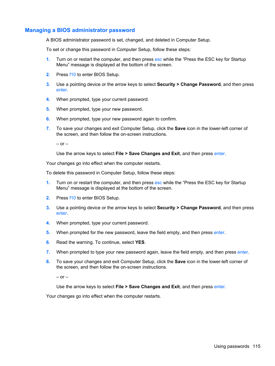 Managing a bios administrator password | HP EliteBook 2740p Tablet-PC User Manual | Page 127 / 179