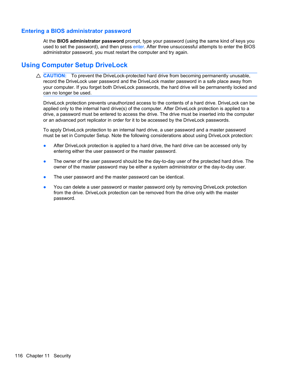 Entering a bios administrator password, Using computer setup drivelock | HP EliteBook 2740p Tablet-PC User Manual | Page 128 / 179