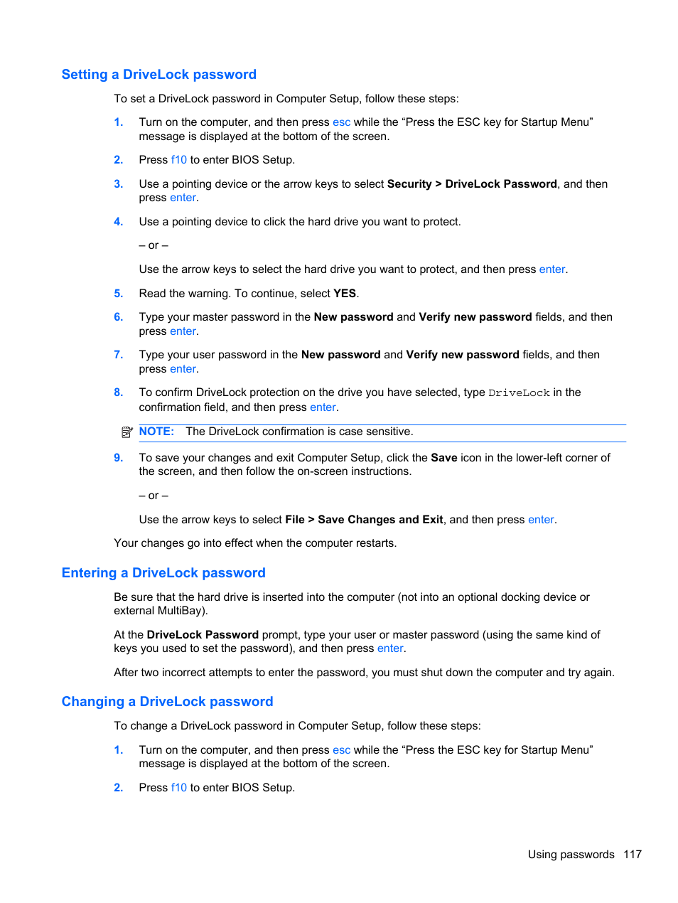 Setting a drivelock password, Entering a drivelock password, Changing a drivelock password | HP EliteBook 2740p Tablet-PC User Manual | Page 129 / 179