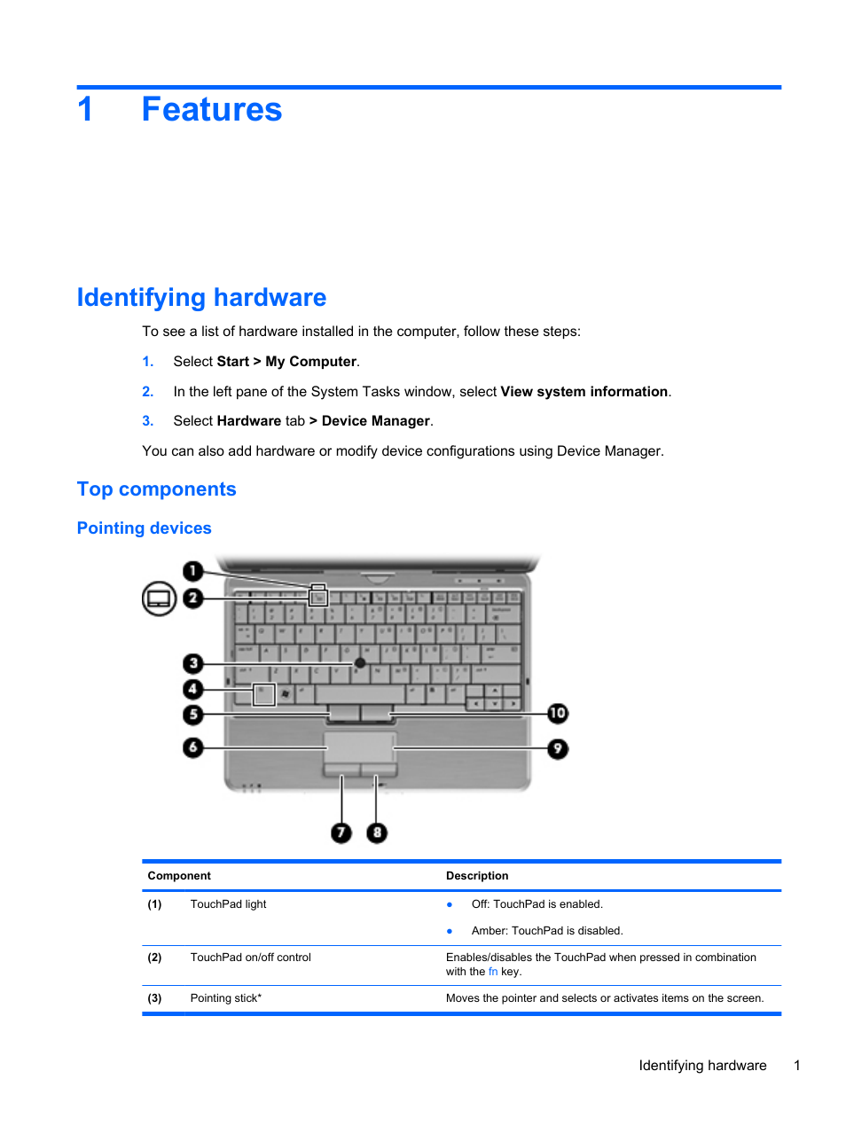 Features, Identifying hardware, Top components | Pointing devices, 1 features, 1features | HP EliteBook 2740p Tablet-PC User Manual | Page 13 / 179