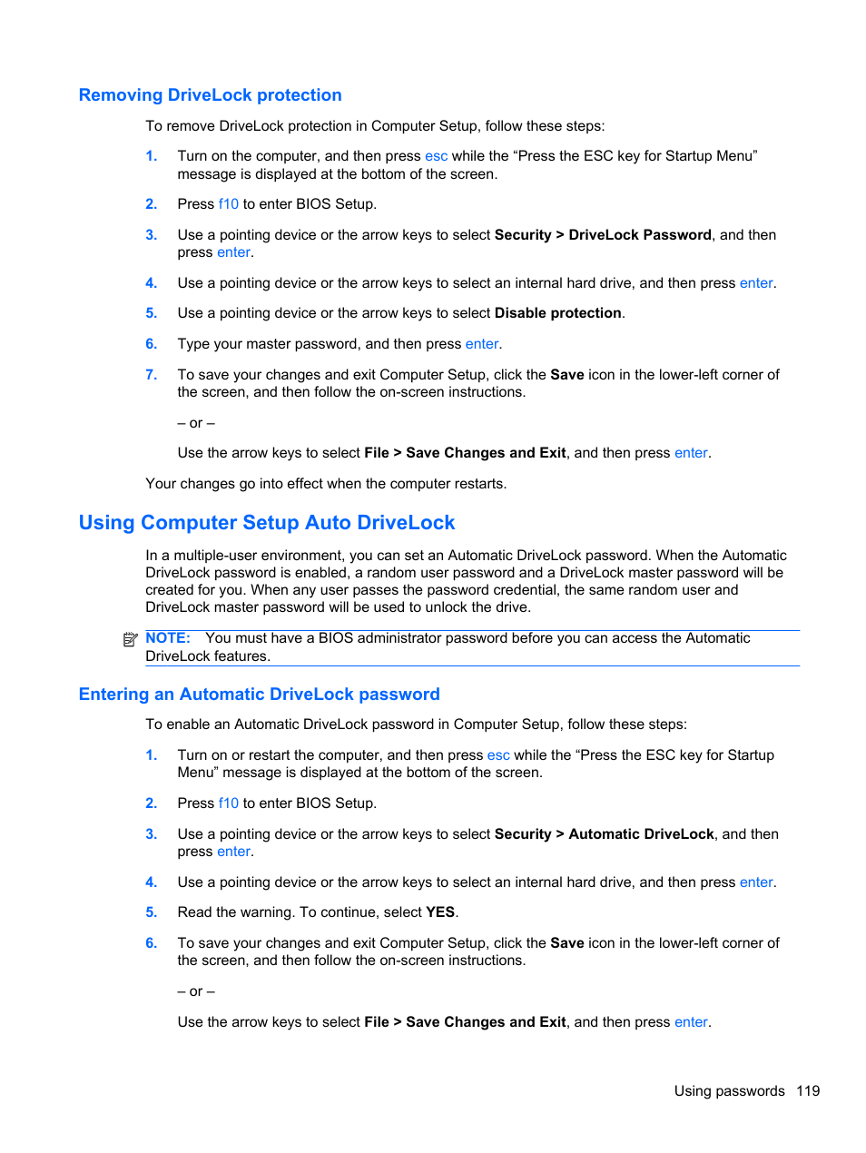 Removing drivelock protection, Using computer setup auto drivelock, Entering an automatic drivelock password | HP EliteBook 2740p Tablet-PC User Manual | Page 131 / 179