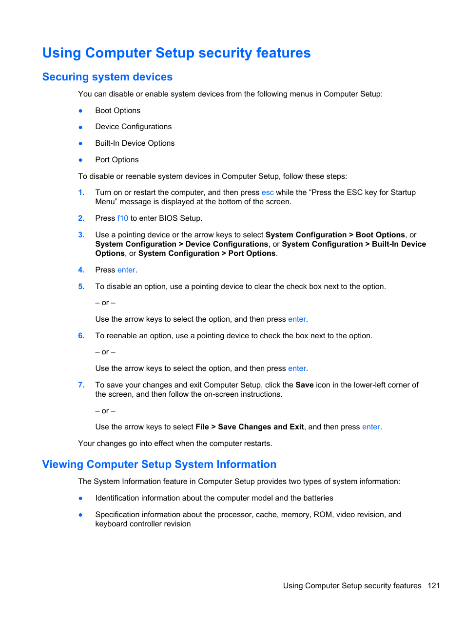 Using computer setup security features, Securing system devices, Viewing computer setup system information | HP EliteBook 2740p Tablet-PC User Manual | Page 133 / 179