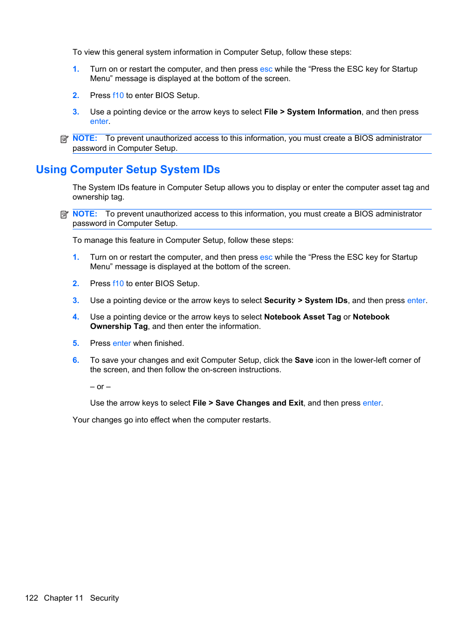 Using computer setup system ids | HP EliteBook 2740p Tablet-PC User Manual | Page 134 / 179