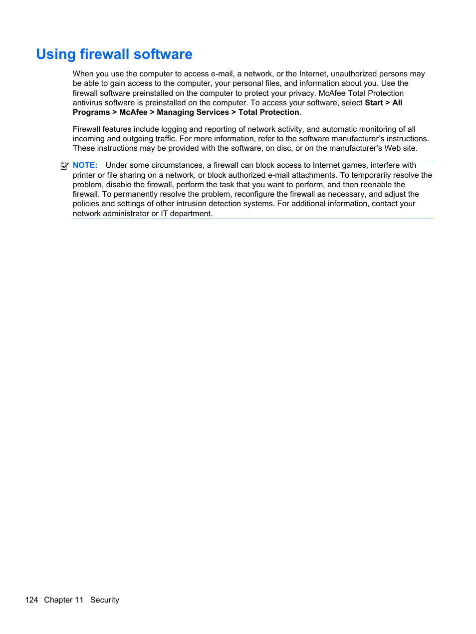 Using firewall software | HP EliteBook 2740p Tablet-PC User Manual | Page 136 / 179