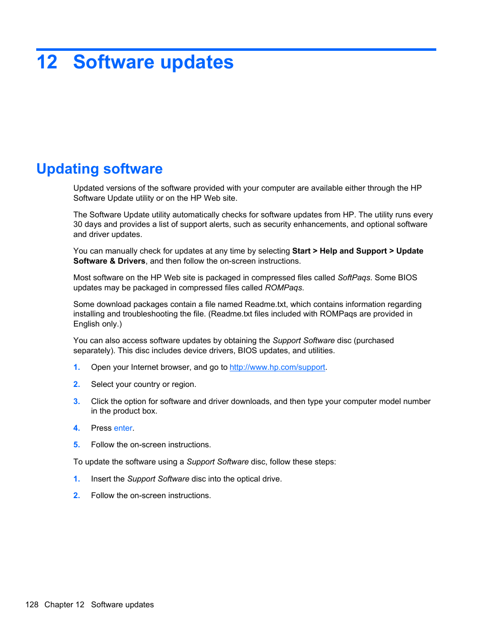 Software updates, Updating software, 12 software updates | HP EliteBook 2740p Tablet-PC User Manual | Page 140 / 179