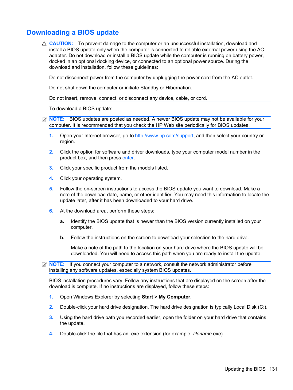 Downloading a bios update | HP EliteBook 2740p Tablet-PC User Manual | Page 143 / 179