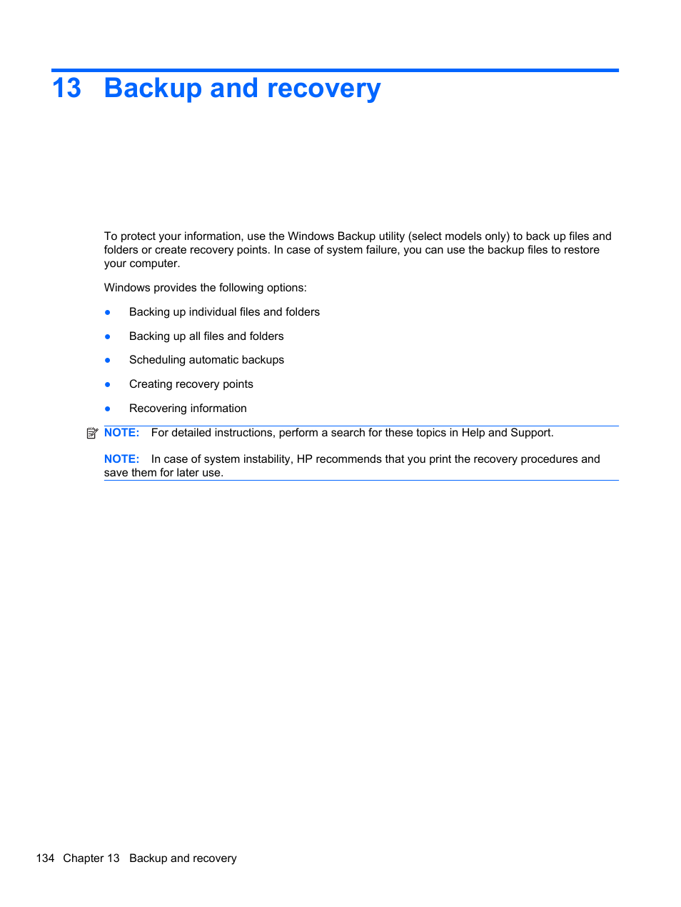 Backup and recovery, 13 backup and recovery | HP EliteBook 2740p Tablet-PC User Manual | Page 146 / 179