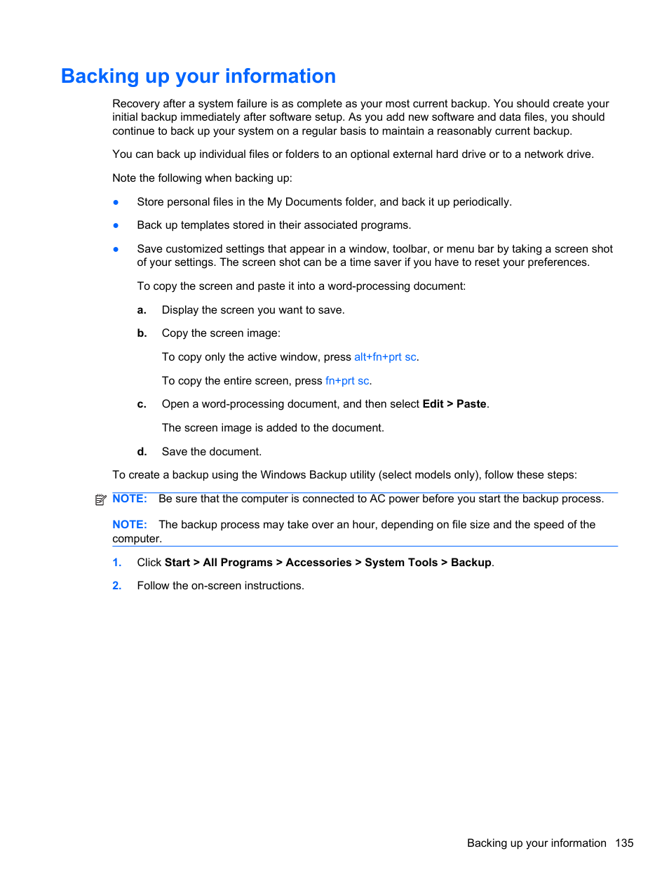 Backing up your information | HP EliteBook 2740p Tablet-PC User Manual | Page 147 / 179