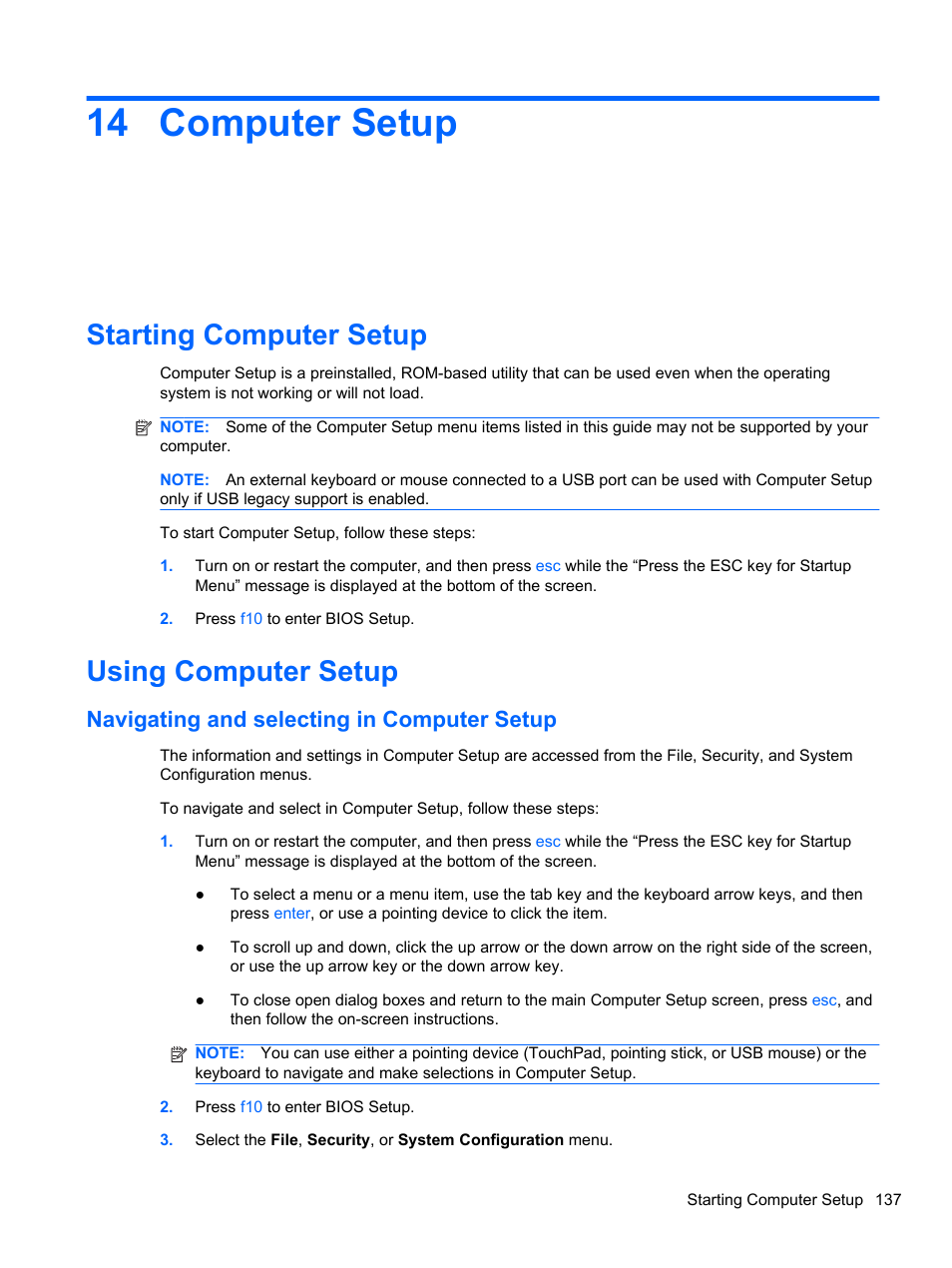 Computer setup, Starting computer setup, Using computer setup | Navigating and selecting in computer setup, 14 computer setup, Starting computer setup using computer setup | HP EliteBook 2740p Tablet-PC User Manual | Page 149 / 179