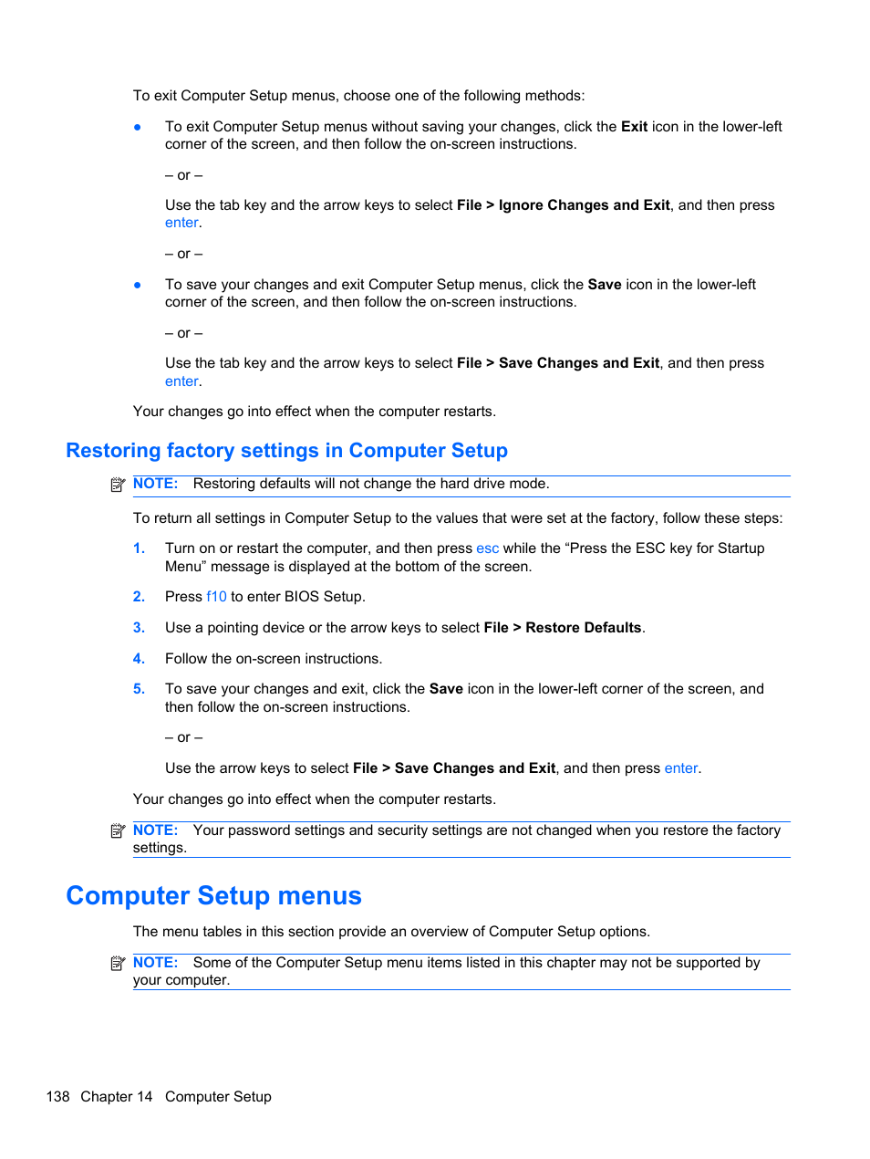 Restoring factory settings in computer setup, Computer setup menus | HP EliteBook 2740p Tablet-PC User Manual | Page 150 / 179