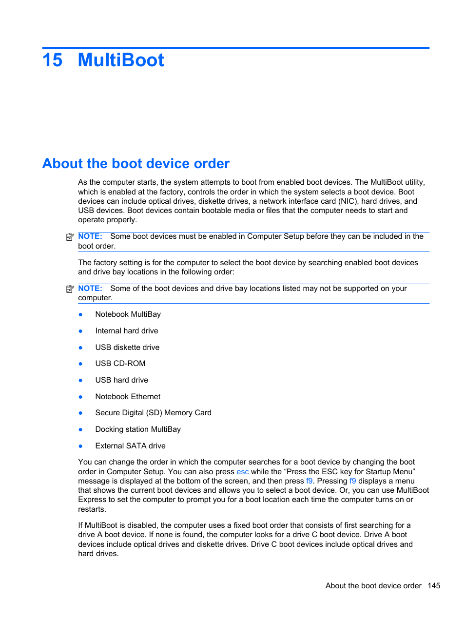 Multiboot, About the boot device order, 15 multiboot | HP EliteBook 2740p Tablet-PC User Manual | Page 157 / 179