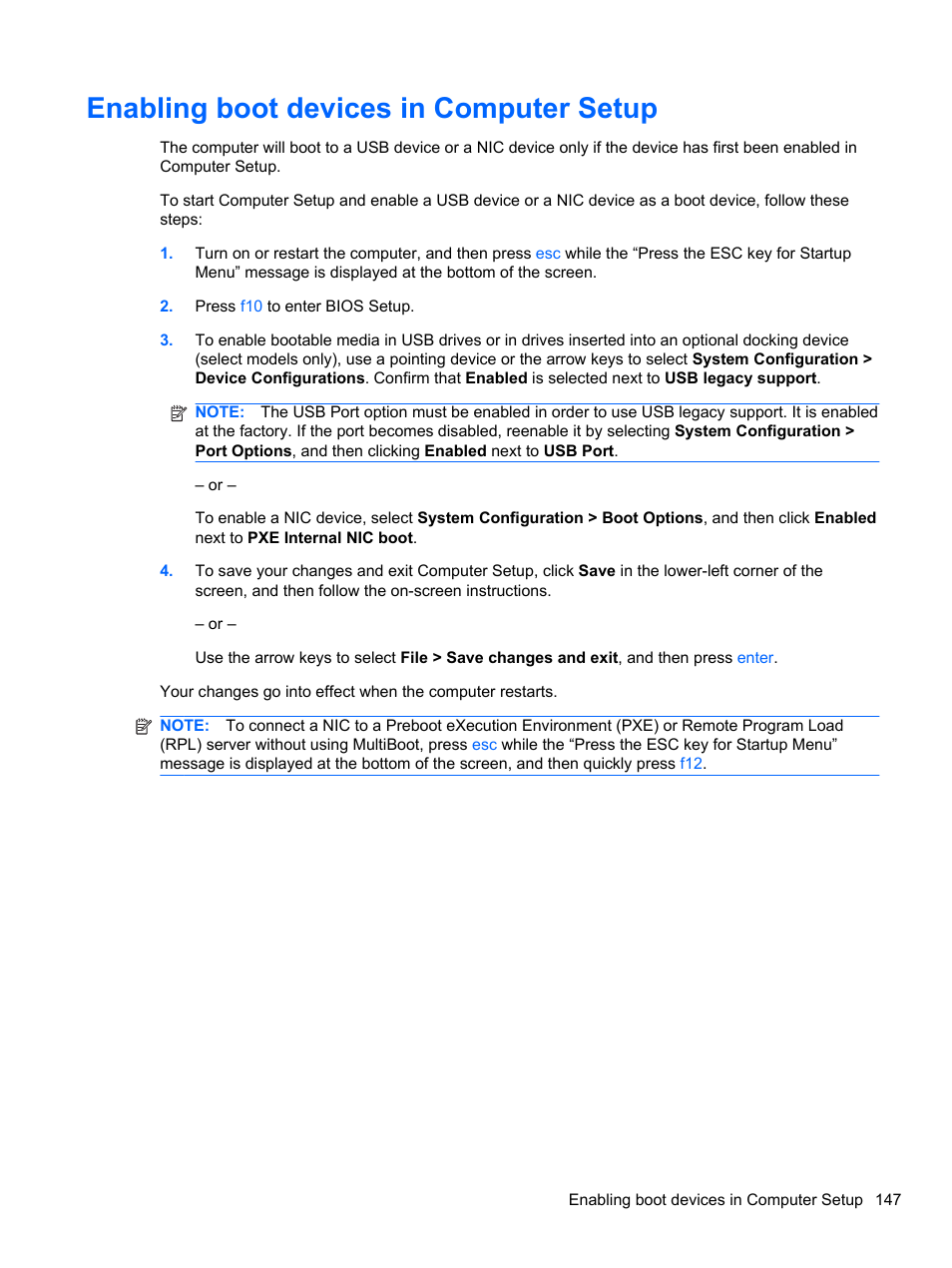 Enabling boot devices in computer setup | HP EliteBook 2740p Tablet-PC User Manual | Page 159 / 179