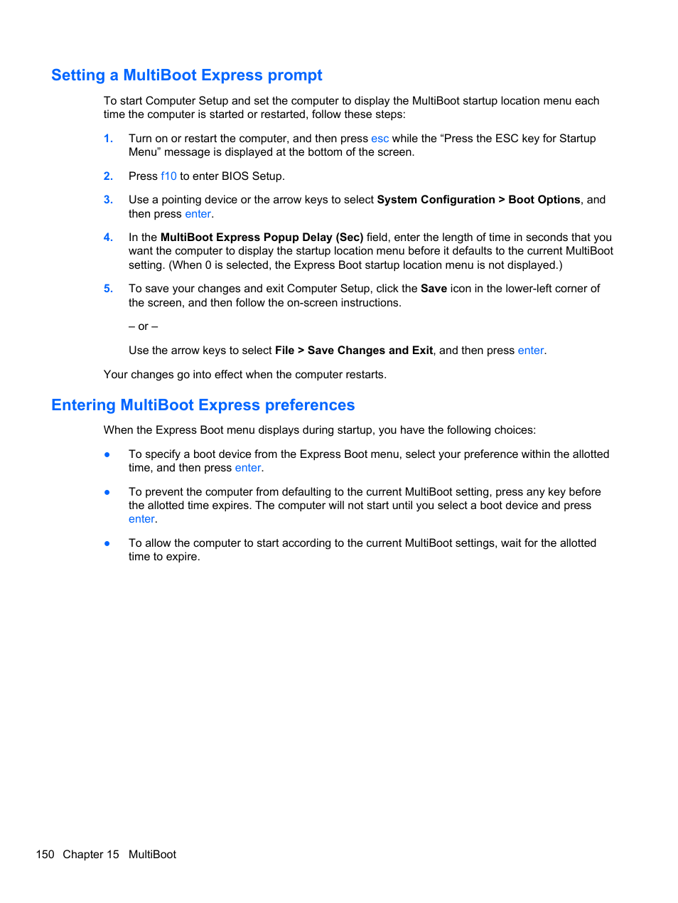 Setting a multiboot express prompt, Entering multiboot express preferences | HP EliteBook 2740p Tablet-PC User Manual | Page 162 / 179