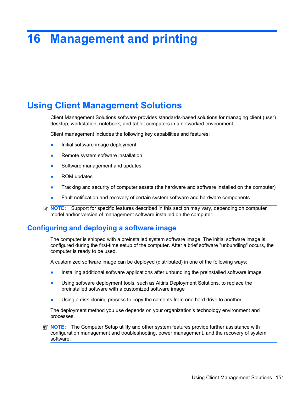 Management and printing, Using client management solutions, Configuring and deploying a software image | 16 management and printing | HP EliteBook 2740p Tablet-PC User Manual | Page 163 / 179