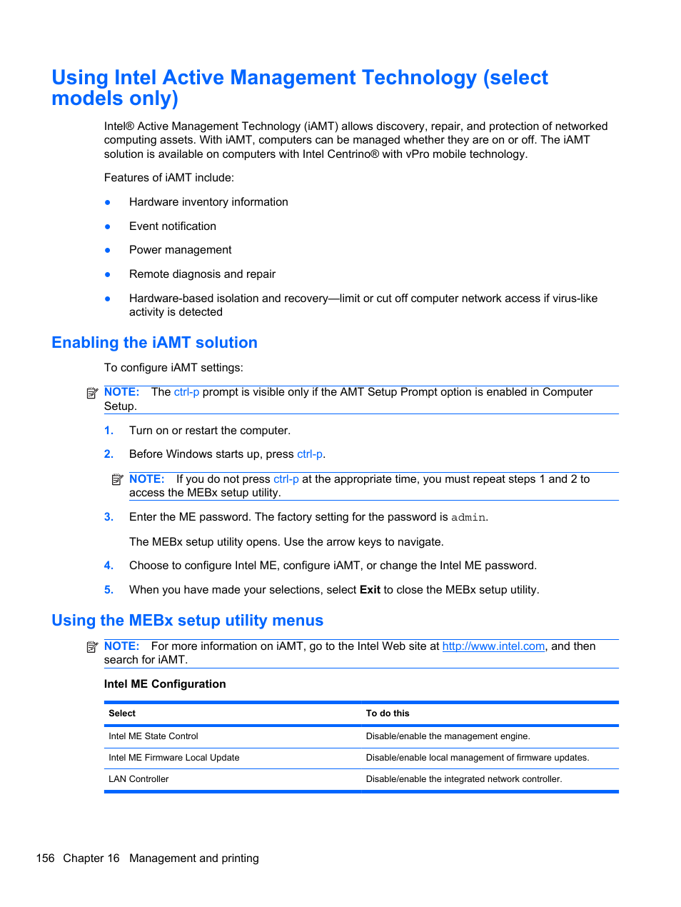 Enabling the iamt solution, Using the mebx setup utility menus | HP EliteBook 2740p Tablet-PC User Manual | Page 168 / 179