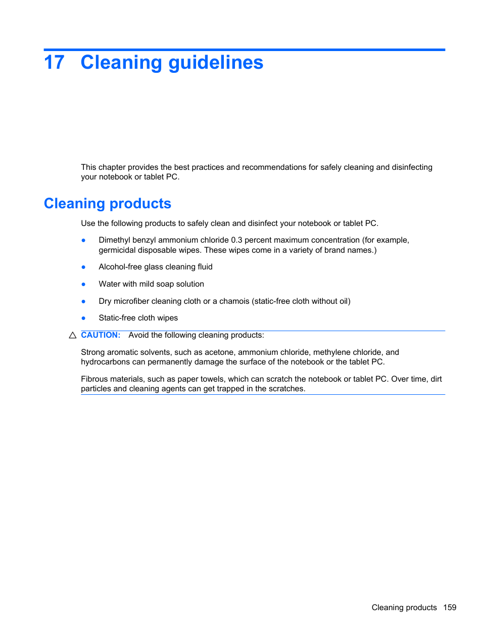 Cleaning guidelines, Cleaning products, 17 cleaning guidelines | HP EliteBook 2740p Tablet-PC User Manual | Page 171 / 179