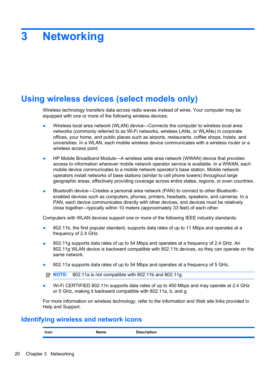 Networking, Using wireless devices (select models only), Identifying wireless and network icons | 3 networking, 3networking | HP EliteBook 2740p Tablet-PC User Manual | Page 32 / 179
