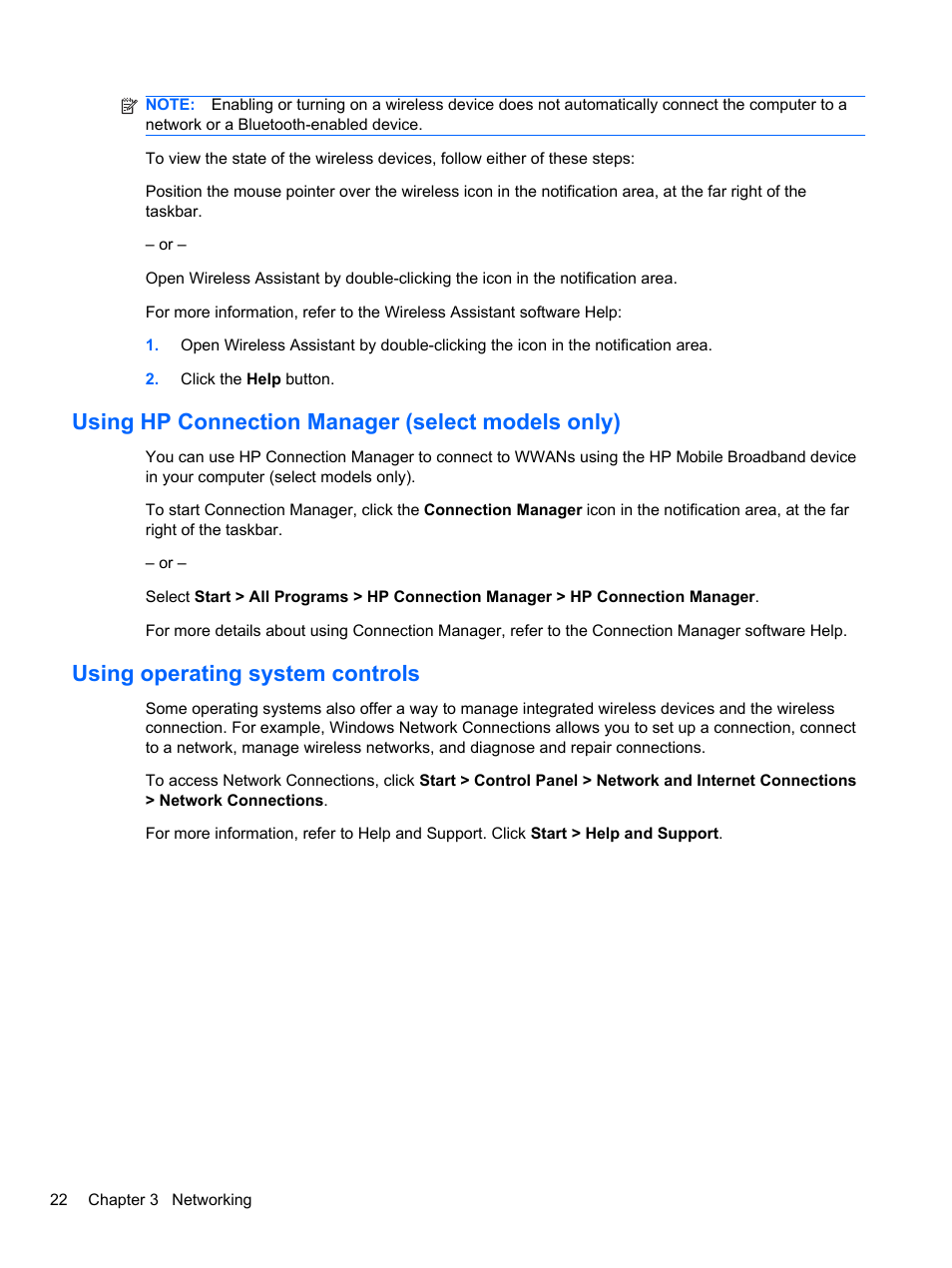 Using hp connection manager (select models only), Using operating system controls | HP EliteBook 2740p Tablet-PC User Manual | Page 34 / 179