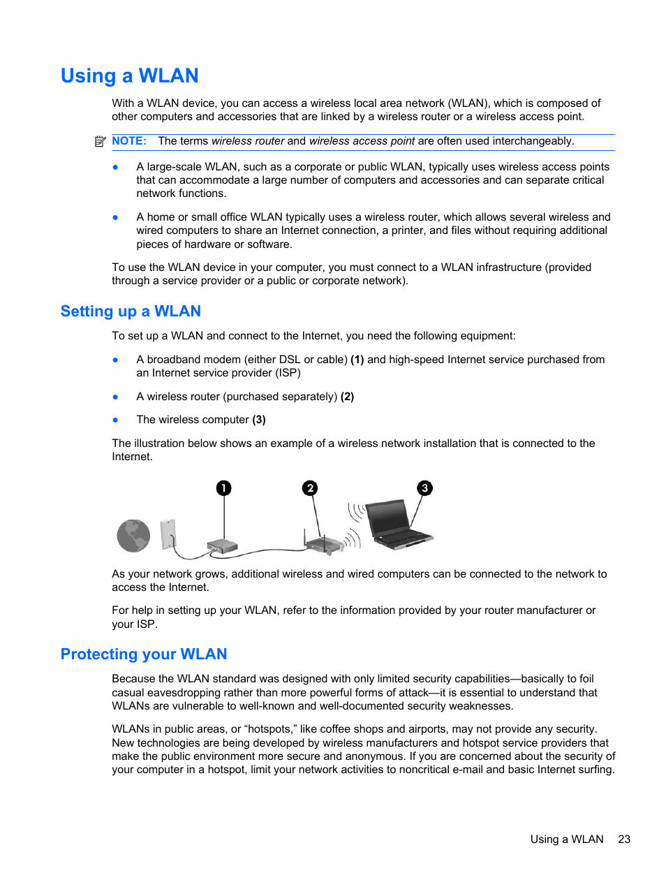 Using a wlan, Setting up a wlan, Protecting your wlan | Setting up a wlan protecting your wlan | HP EliteBook 2740p Tablet-PC User Manual | Page 35 / 179