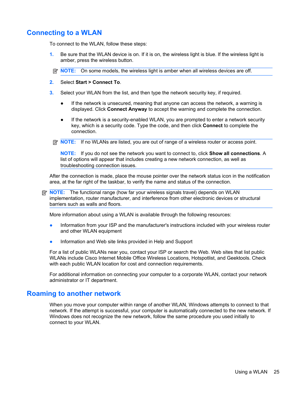 Connecting to a wlan, Roaming to another network, Connecting to a wlan roaming to another network | HP EliteBook 2740p Tablet-PC User Manual | Page 37 / 179