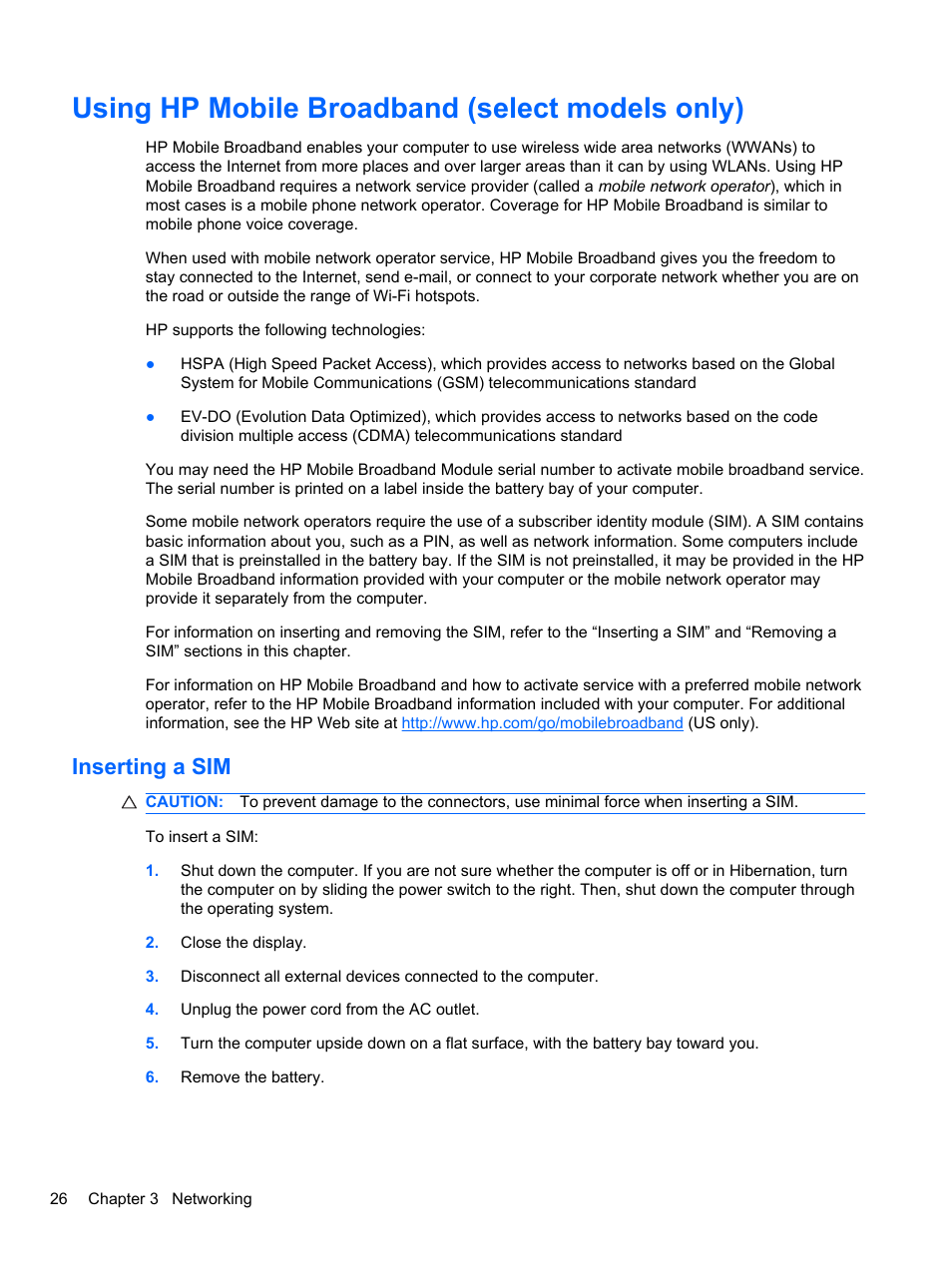 Using hp mobile broadband (select models only), Inserting a sim | HP EliteBook 2740p Tablet-PC User Manual | Page 38 / 179