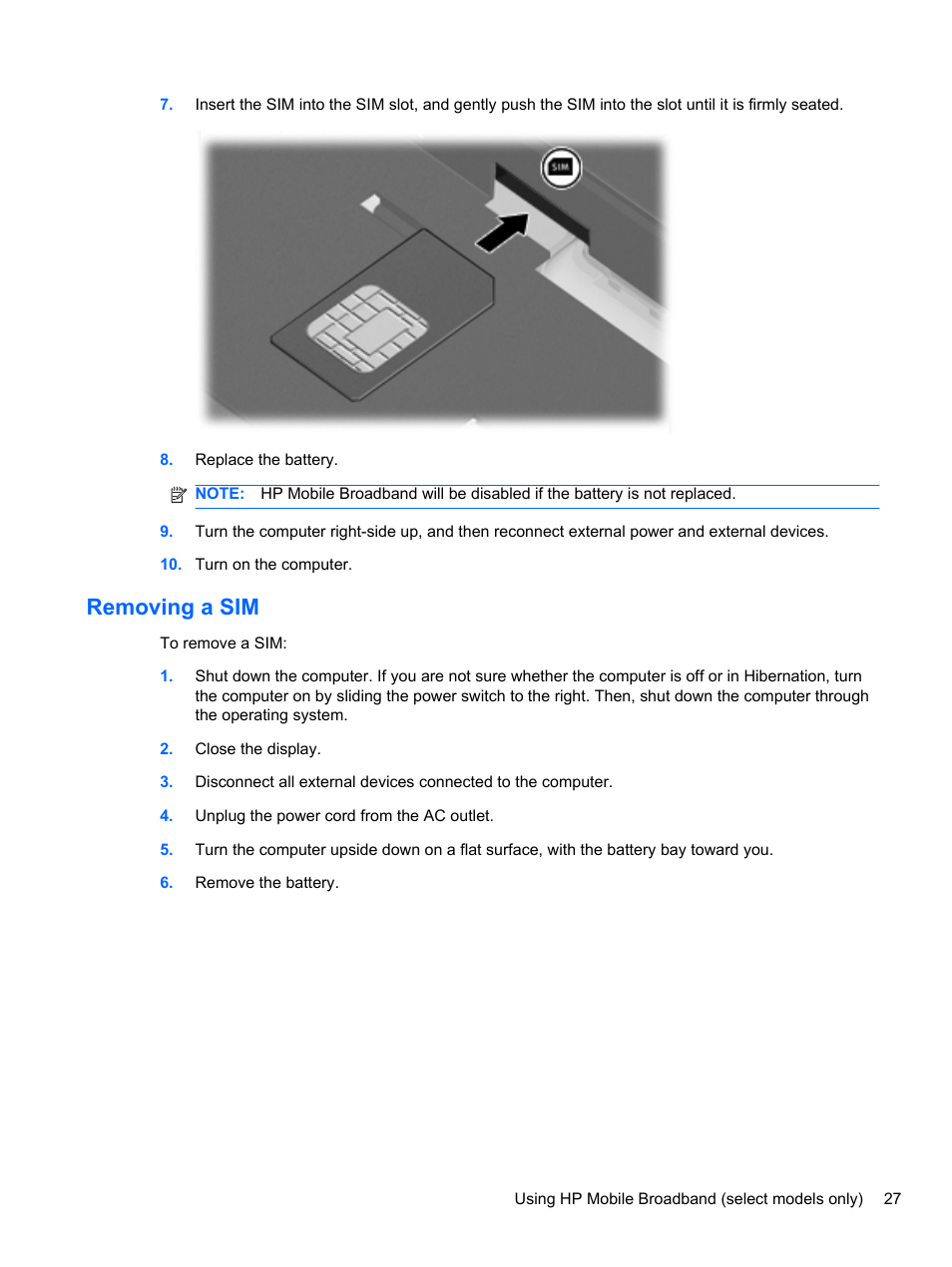 Removing a sim | HP EliteBook 2740p Tablet-PC User Manual | Page 39 / 179