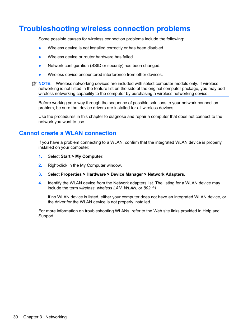 Troubleshooting wireless connection problems, Cannot create a wlan connection | HP EliteBook 2740p Tablet-PC User Manual | Page 42 / 179
