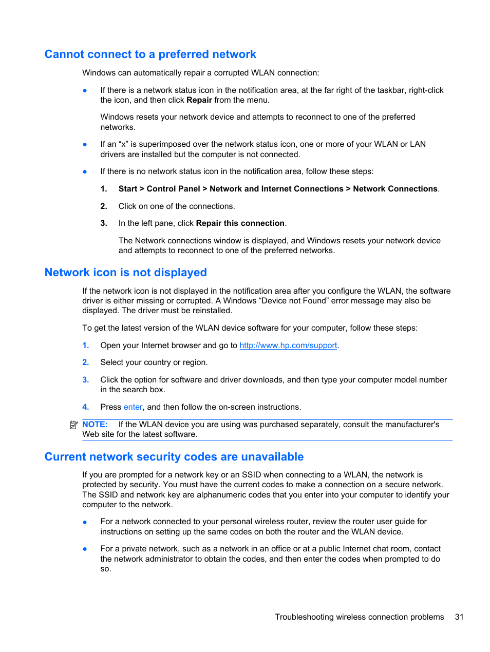 Cannot connect to a preferred network, Network icon is not displayed, Current network security codes are unavailable | HP EliteBook 2740p Tablet-PC User Manual | Page 43 / 179