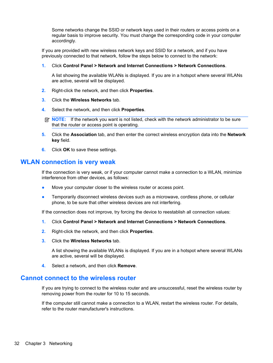 Wlan connection is very weak, Cannot connect to the wireless router | HP EliteBook 2740p Tablet-PC User Manual | Page 44 / 179