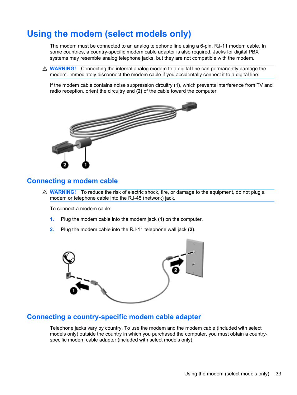 Using the modem (select models only), Connecting a modem cable, Connecting a country-specific modem cable adapter | HP EliteBook 2740p Tablet-PC User Manual | Page 45 / 179