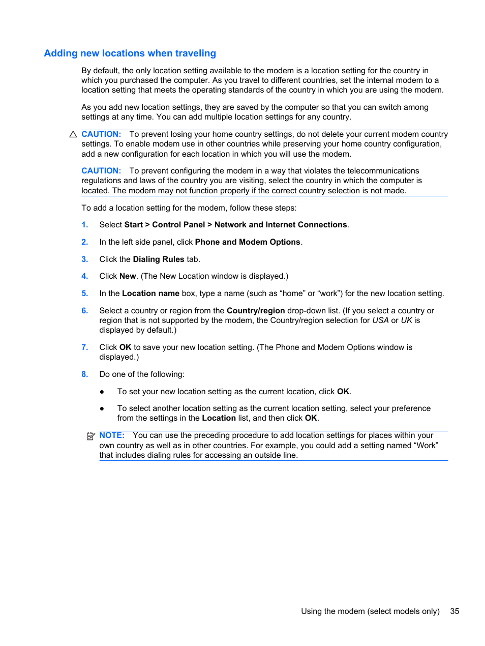 Adding new locations when traveling | HP EliteBook 2740p Tablet-PC User Manual | Page 47 / 179