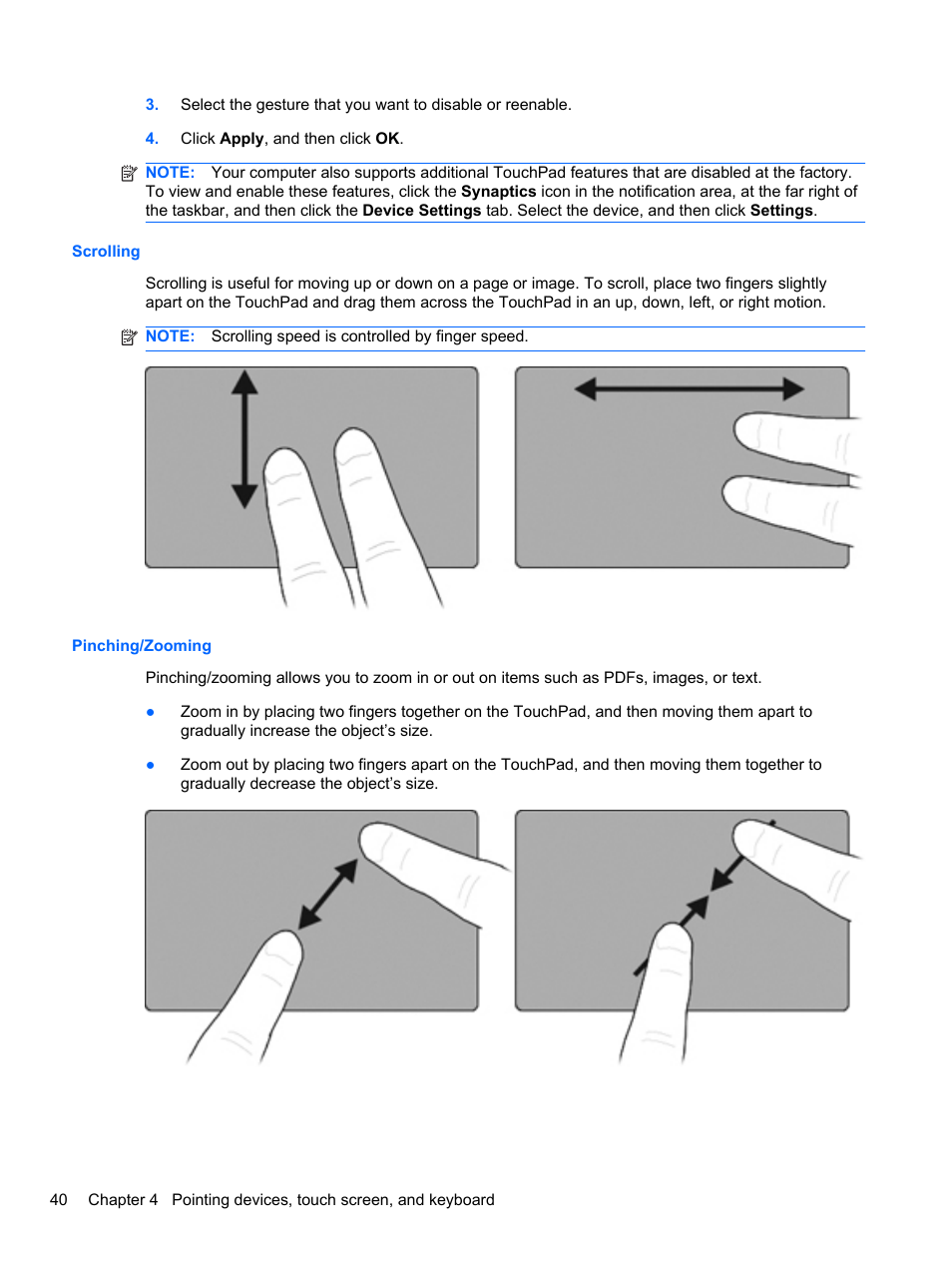 Scrolling, Pinching/zooming, Scrolling pinching/zooming | HP EliteBook 2740p Tablet-PC User Manual | Page 52 / 179