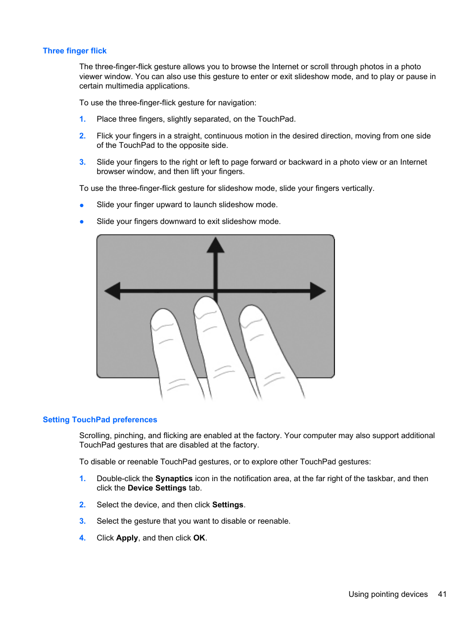 Three finger flick, Setting touchpad preferences, Three finger flick setting touchpad preferences | HP EliteBook 2740p Tablet-PC User Manual | Page 53 / 179