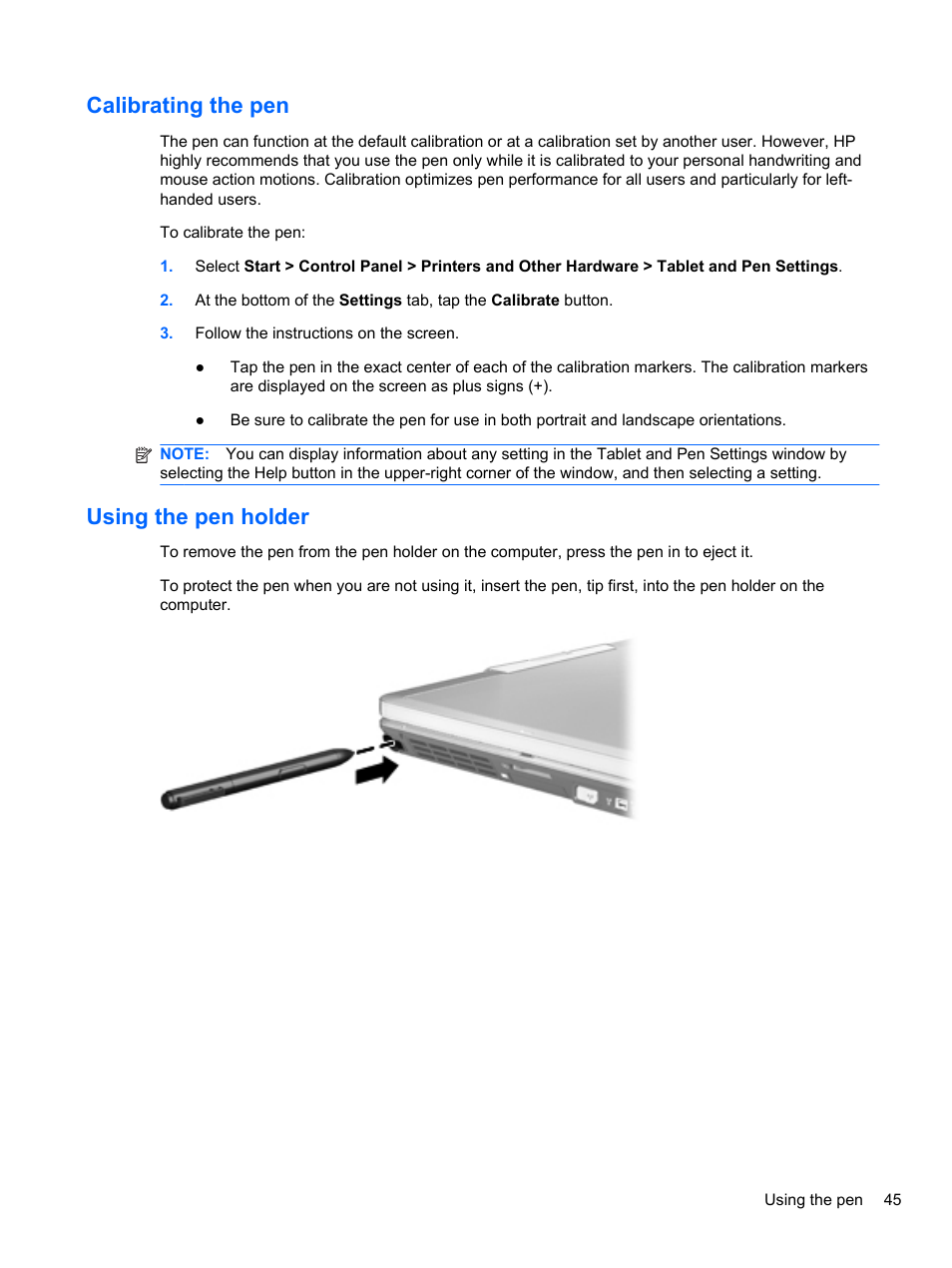 Calibrating the pen, Using the pen holder | HP EliteBook 2740p Tablet-PC User Manual | Page 57 / 179