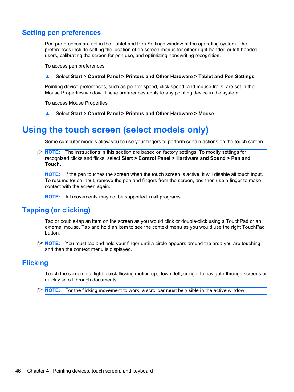 Setting pen preferences, Using the touch screen (select models only), Tapping (or clicking) | Flicking, Tapping (or clicking) flicking | HP EliteBook 2740p Tablet-PC User Manual | Page 58 / 179