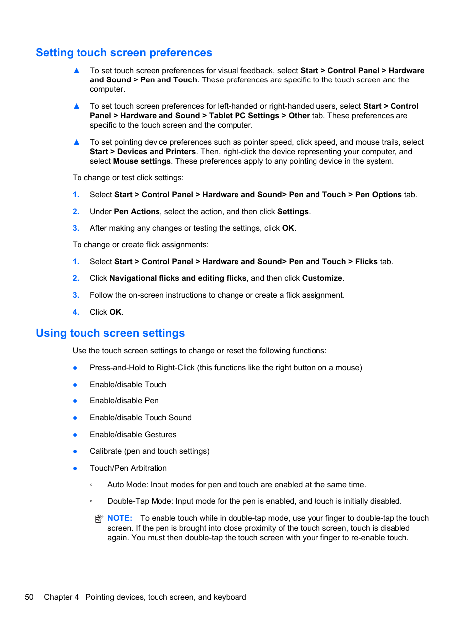 Setting touch screen preferences, Using touch screen settings | HP EliteBook 2740p Tablet-PC User Manual | Page 62 / 179