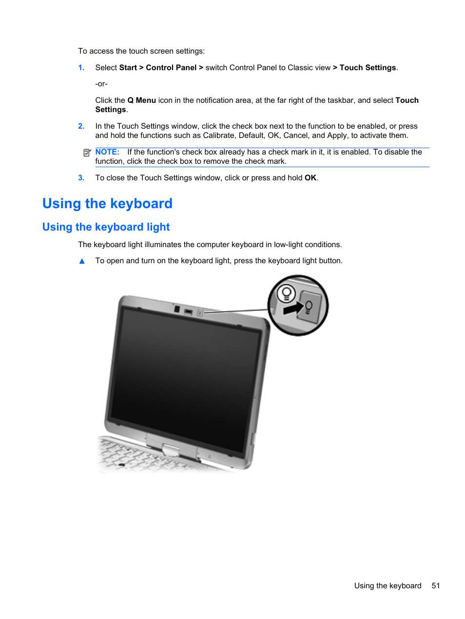 Using the keyboard, Using the keyboard light | HP EliteBook 2740p Tablet-PC User Manual | Page 63 / 179