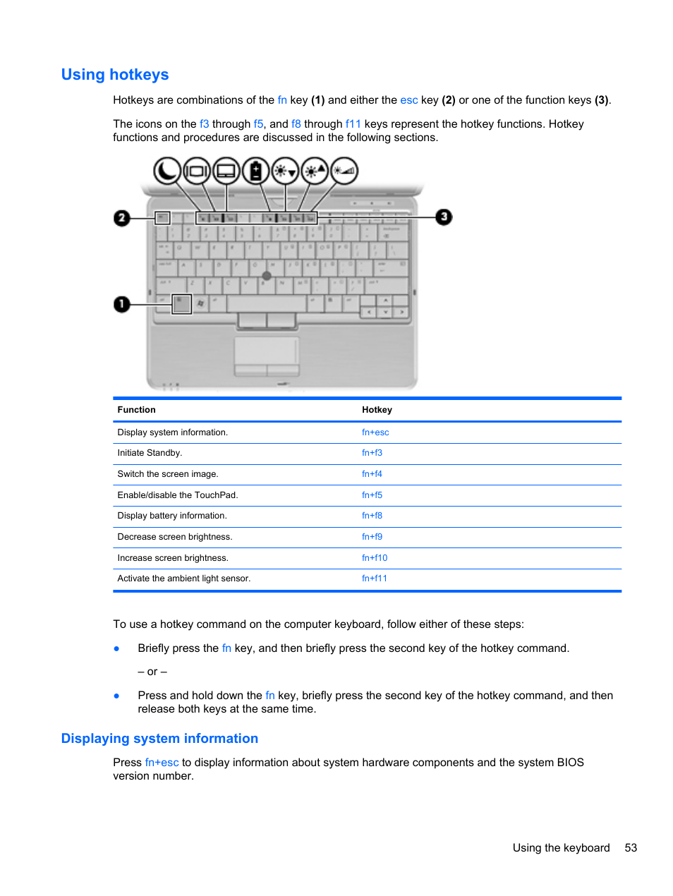 Using hotkeys, Displaying system information | HP EliteBook 2740p Tablet-PC User Manual | Page 65 / 179