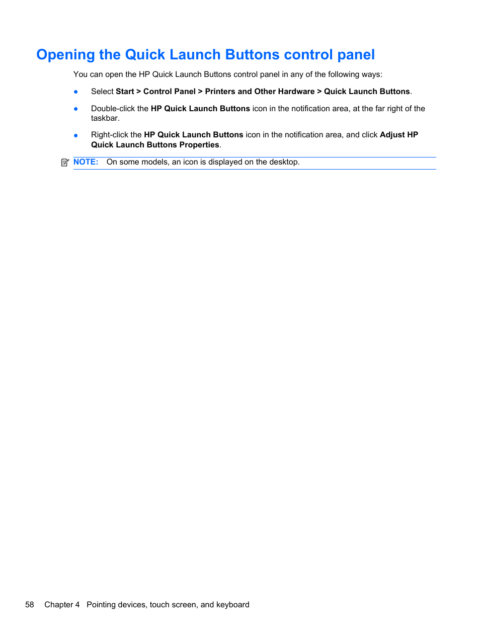 Opening the quick launch buttons control panel | HP EliteBook 2740p Tablet-PC User Manual | Page 70 / 179