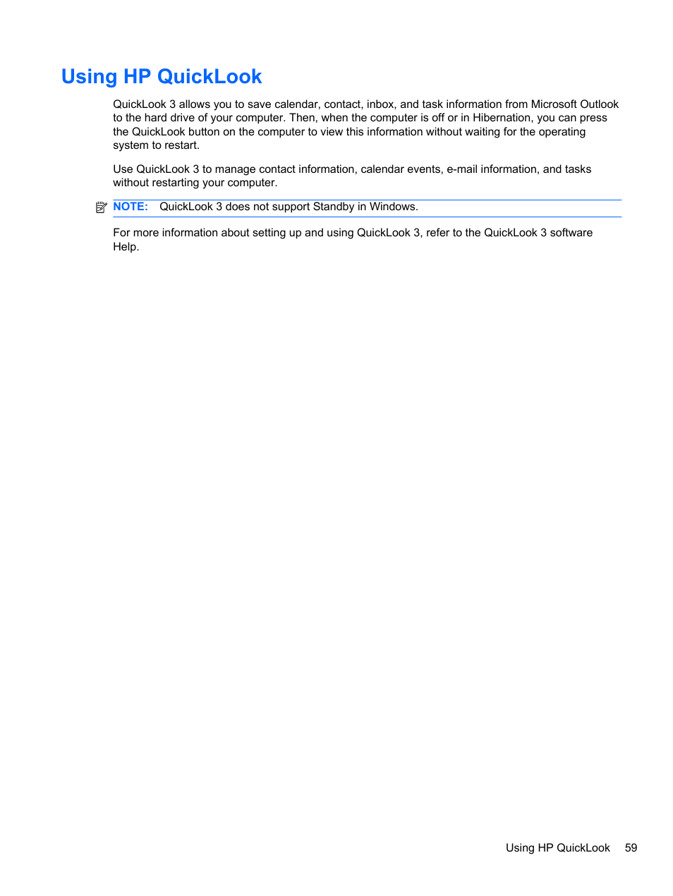 Using hp quicklook | HP EliteBook 2740p Tablet-PC User Manual | Page 71 / 179
