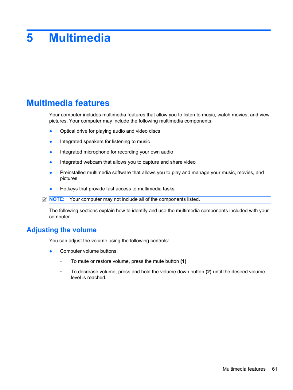 Multimedia, Multimedia features, Adjusting the volume | 5 multimedia, 5multimedia | HP EliteBook 2740p Tablet-PC User Manual | Page 73 / 179