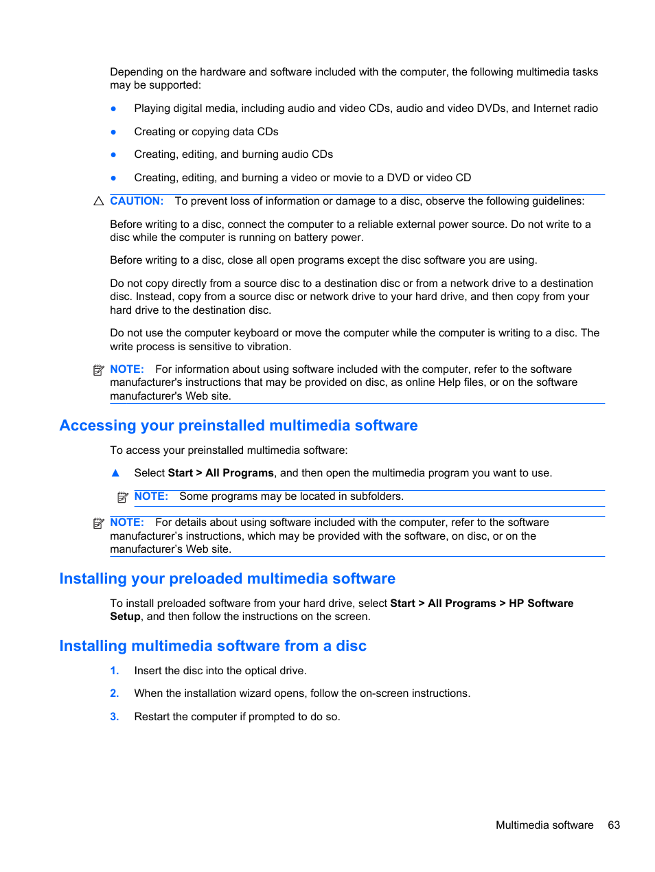 Accessing your preinstalled multimedia software, Installing your preloaded multimedia software, Installing multimedia software from a disc | HP EliteBook 2740p Tablet-PC User Manual | Page 75 / 179