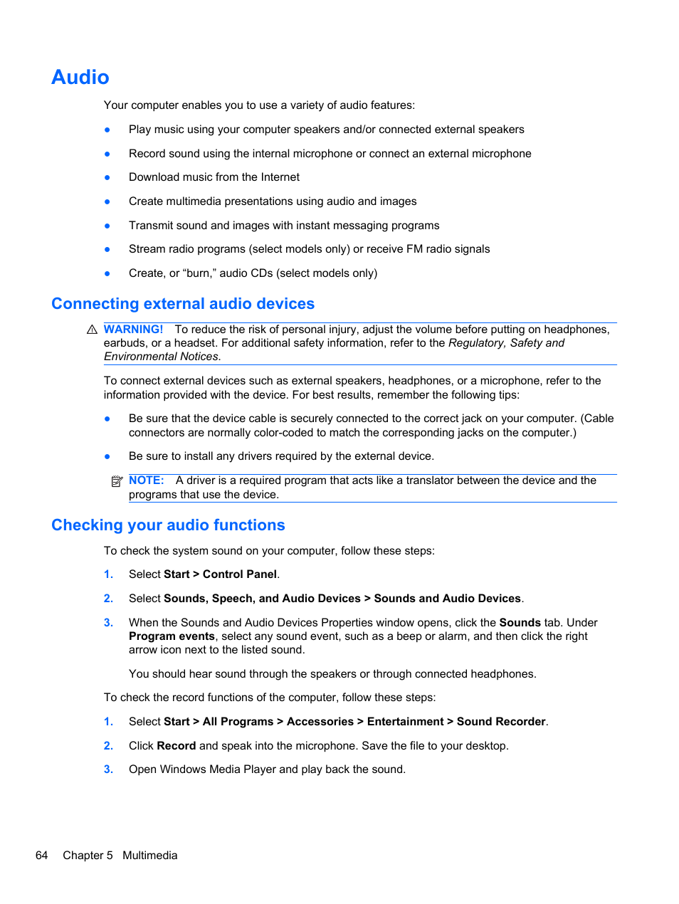 Audio, Connecting external audio devices, Checking your audio functions | HP EliteBook 2740p Tablet-PC User Manual | Page 76 / 179